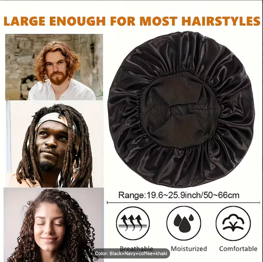 Black satin-lined knit sleep cap shown from top with gathered crown and elastic center