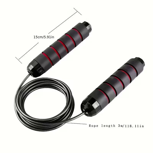 Jump rope with two black handles, red grip rings, and braided cable