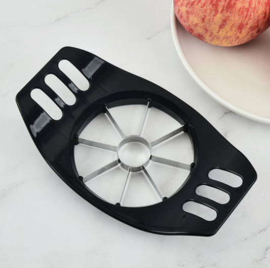 Black manual apple corer slicer with stainless steel blade wheel and grip handles