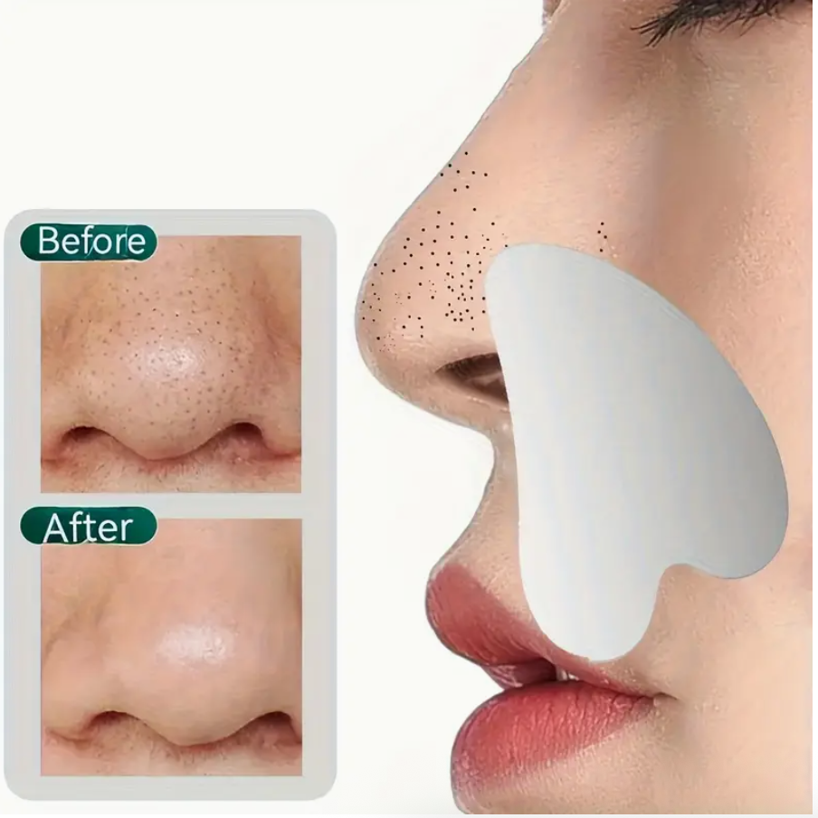 Stainless steel facial gua sha tool applied to nose and cheek area