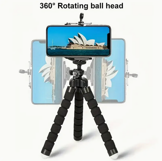 Black tripod with 360° rotating ball head and phone clamp