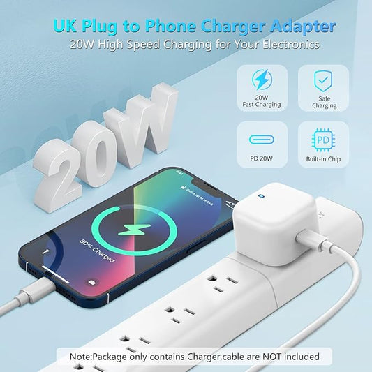 White 20W UK plug USB-C charger adapter, plug-in wall charging