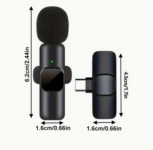 Mini wireless clip-on microphone with foam head; front and side size view