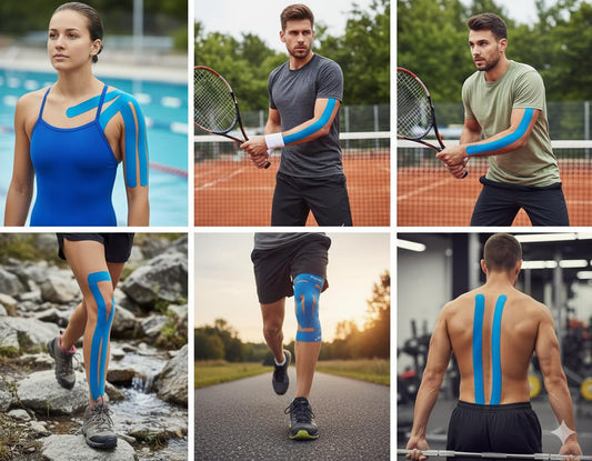 Blue kinesiology tape strips on an athlete’s arm and back during tennis