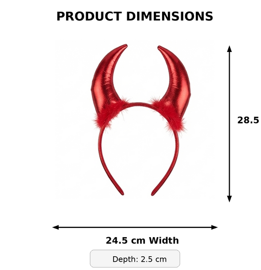 Red devil horn headband diagram with 24.5 cm width and 28.5 cm height