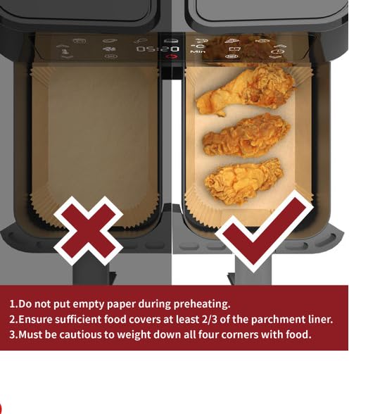Air fryer liner use instructions with parchment sheets and check marks