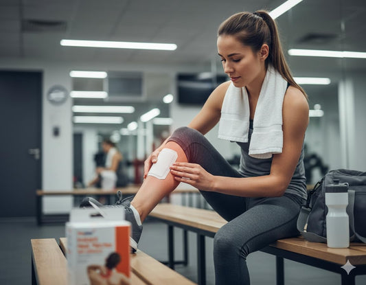 Self-adhesive instant heat knee patch applied on woman’s leg
