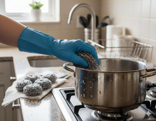 Stainless steel scouring pad in gloved hand, scrubbing a stainless pot.