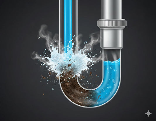Drainpipe with blue splash and flowing cleaning water effect