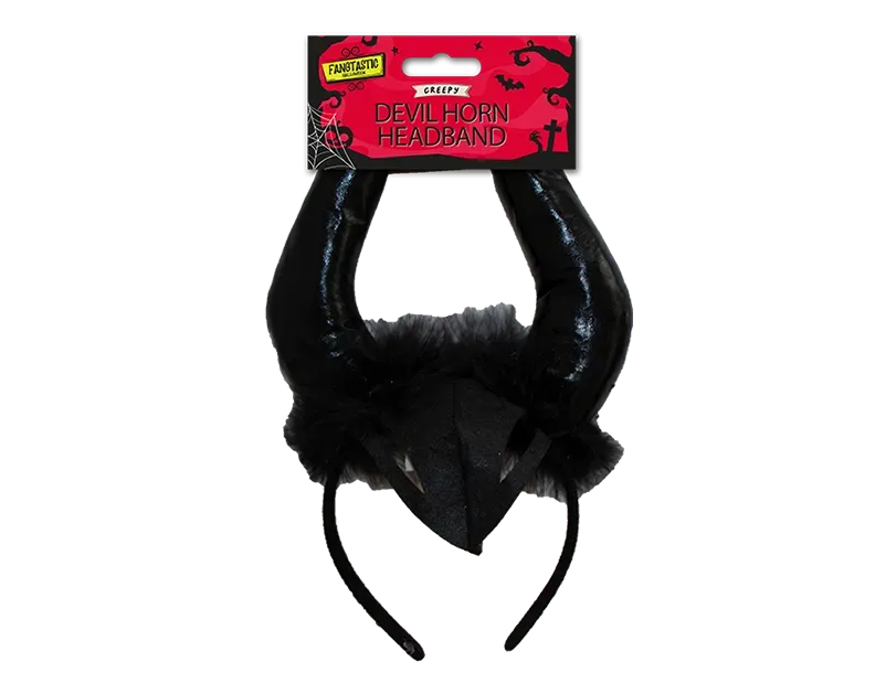 Black devil horn headband with fuzzy horn tips and black strap