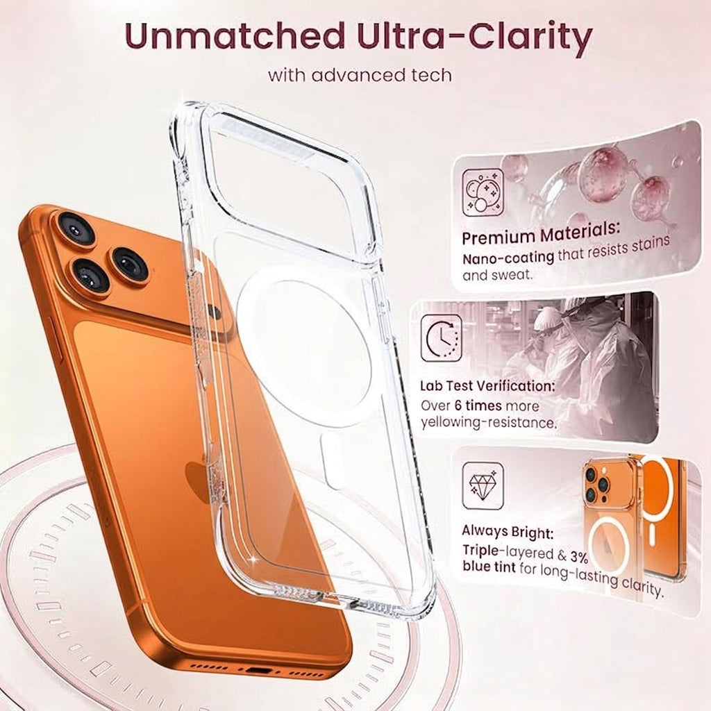 Clear magnetic phone case with nano-coating for stain resistance and bright clarity