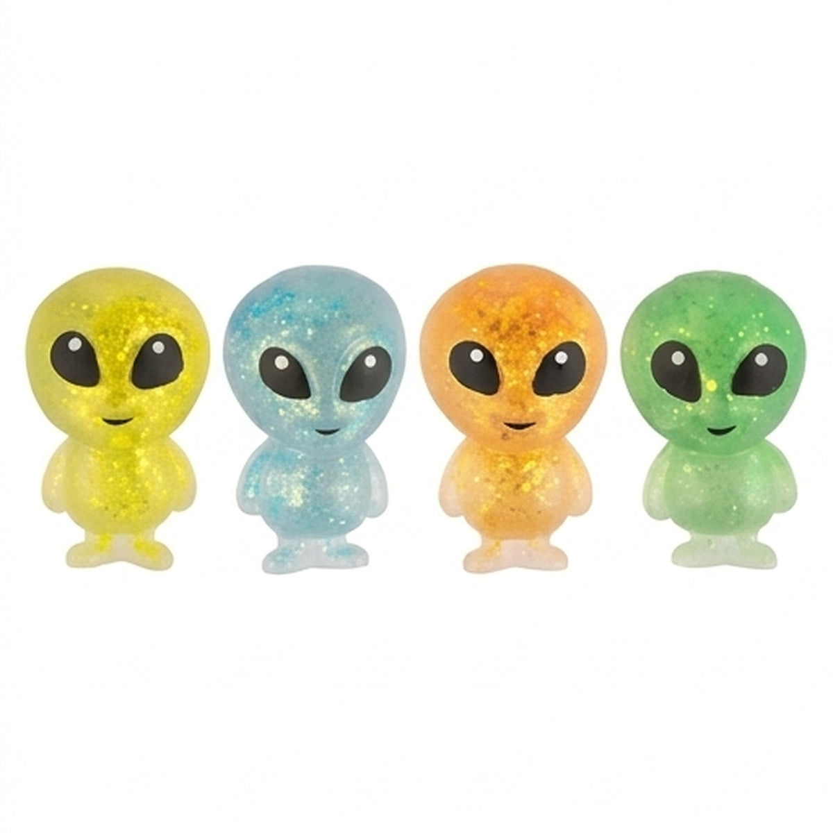 Assorted alien sensory squeeze toys in yellow, blue, orange, and green