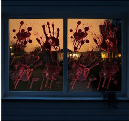 Bloody handprint window stickers with large red handprints on two window panes