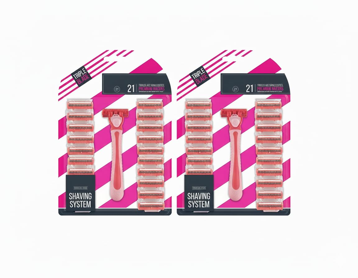 Disposable 3-blade ladies razors, pink handle, two-pack retail box