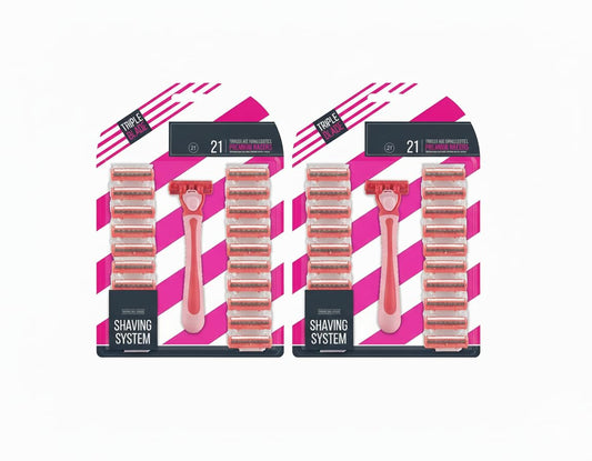 Disposable 3-blade ladies razors, pink handle, two-pack retail box