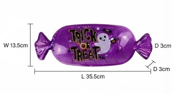 Purple fish-shaped Halloween candy serving tray with Trick or Treat ghost graphic