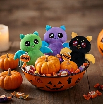 Halloween bat plush trio in a Halloween bowl: green, purple, and black