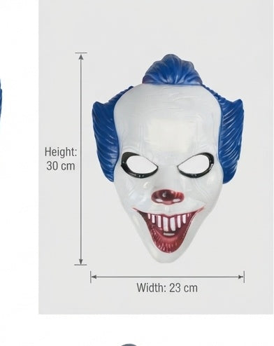 Creepy clown face mask with white face, blue wig, red grin, black eye patches