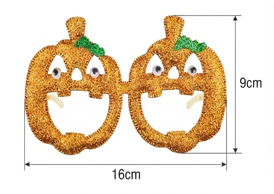 Glitter pumpkin Halloween glasses, two smiling jack-o'-lantern lenses, 16cm width