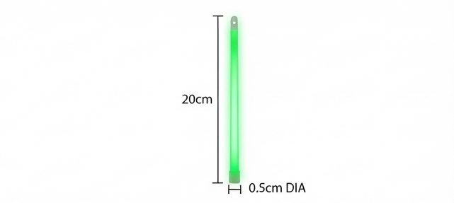 Green glow stick, 20 cm long and 0.5 cm diameter, single stick view.