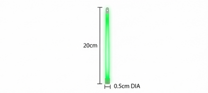 Green glow stick, 20 cm long and 0.5 cm diameter, single stick view.
