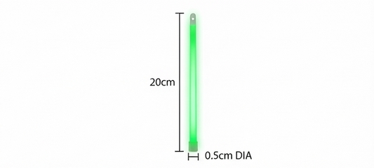 Green glow stick, 20 cm long and 0.5 cm diameter, single stick view.