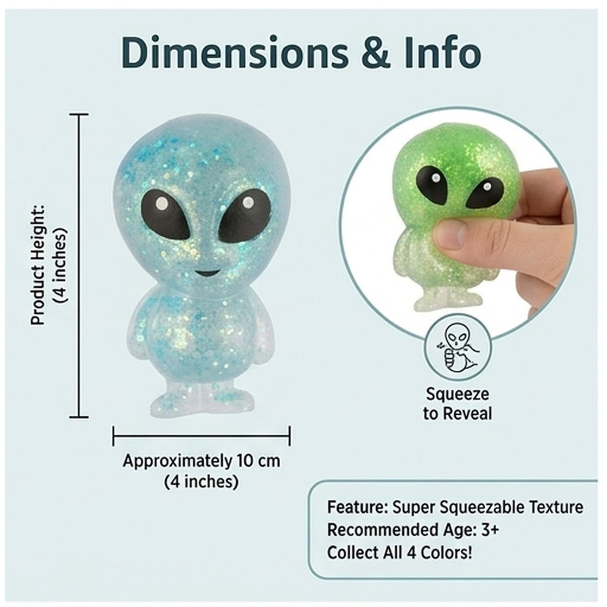 Dimensions info card featuring blue and green alien sensory squeeze toys