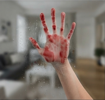Red bloody handprint window decal on clear glass with splatter marks