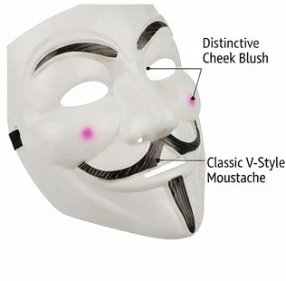 Guy Fawkes Anonymous mask with classic moustache and cheek brush styling, white with black