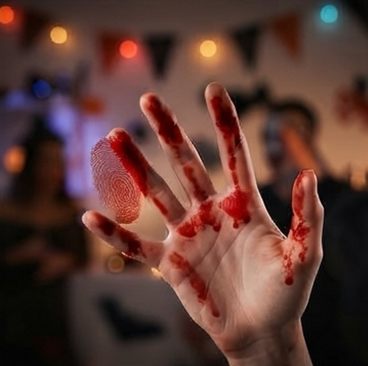 Mini fake blood makeup, dark red liquid smeared on open palm and fingers
