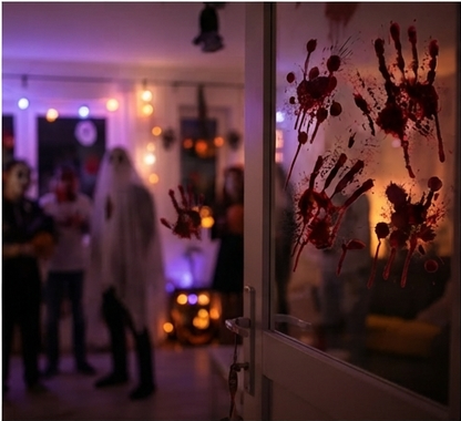 Bloody handprint window sticker decals with scattered red handprints on glass
