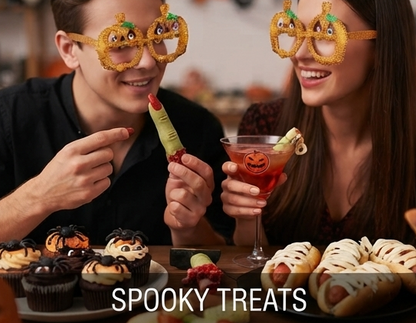 Glitter pumpkin Halloween glasses worn by people, jack-o'-lantern face frames, green stems