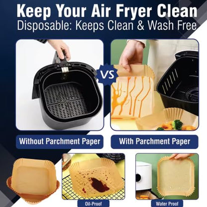 Air fryer liner with parchment paper inside basket tray for easy disposable cooking