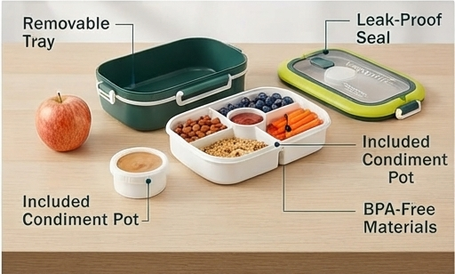 Green bento lunch box with removable tray, included condiment pot and leak-proof seal