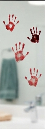 Bloody handprint window sticker decals with four red handprints on glass