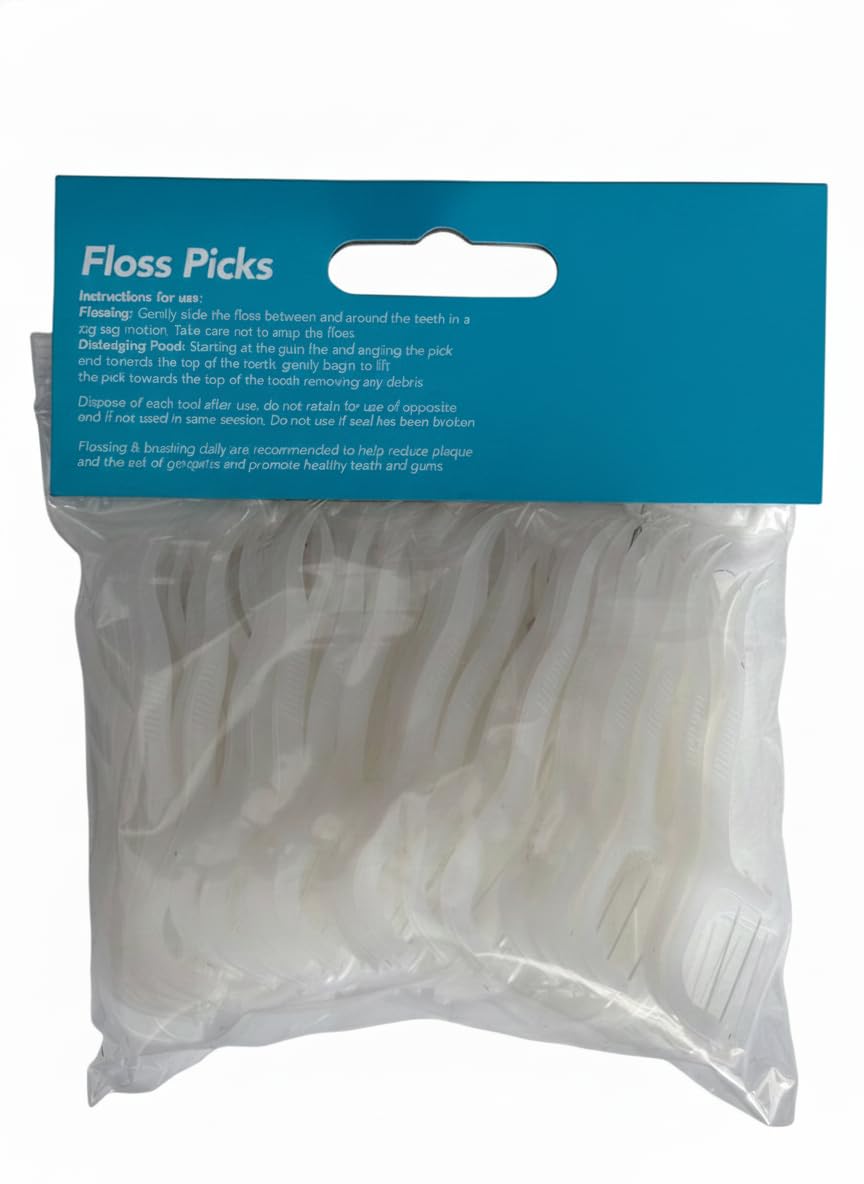 Dental floss picks bag pack with white floss strands in clear plastic pouch