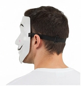 Guy Fawkes Anonymous mask with back strap, worn over short dark hair; white face
