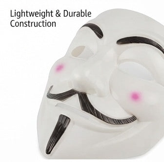 Guy Fawkes Anonymous mask angled view, white face with black moustache and pointed nose
