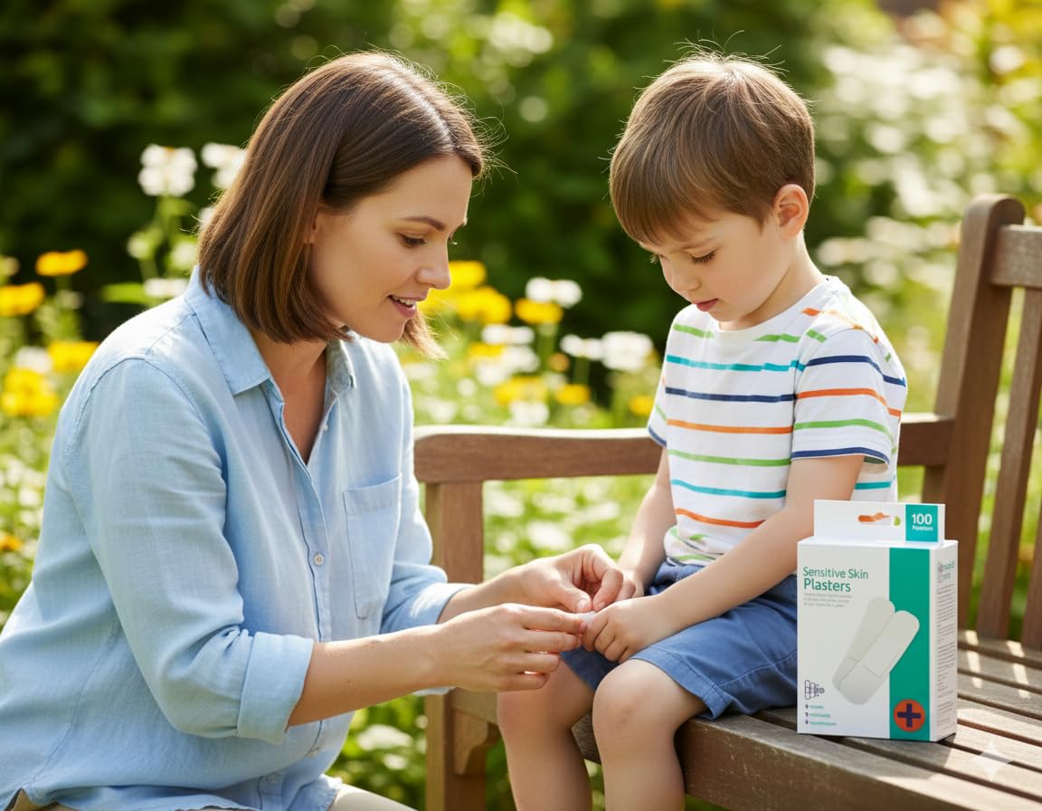 Sensitive skin plasters box and applied bandage on child’s leg