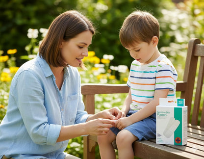 Sensitive skin plasters box and applied bandage on child’s leg
