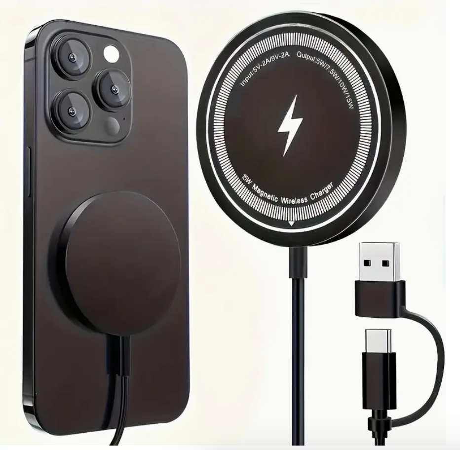 Magnetic wireless charging pad with lightning logo, cable, and USB connector