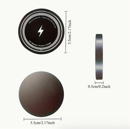 Magnetic wireless charging pad with size diagram: 5.5 cm diameter and 0.5 cm thickness