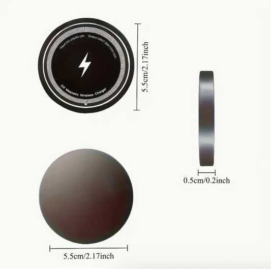 Magnetic wireless charging pad with size diagram: 5.5 cm diameter and 0.5 cm thickness