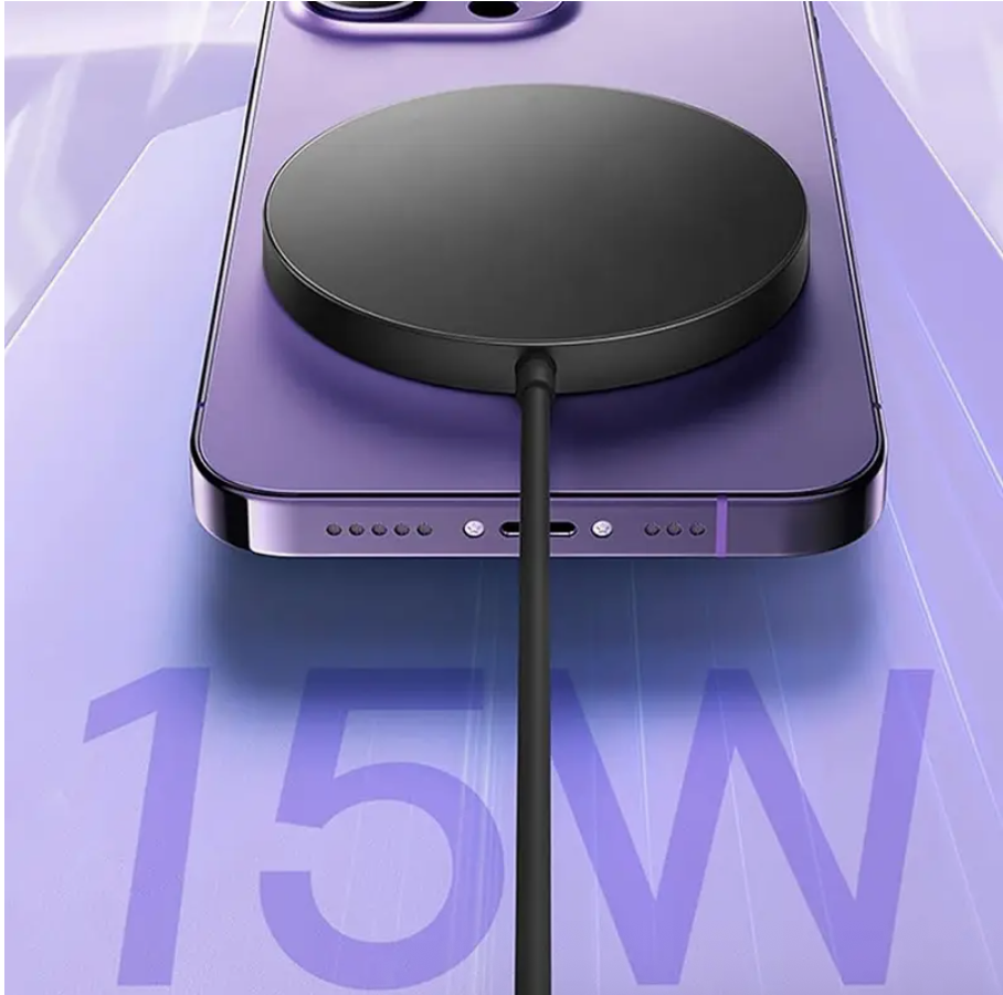 Black magnetic wireless charging pad close-up with centered charging cable