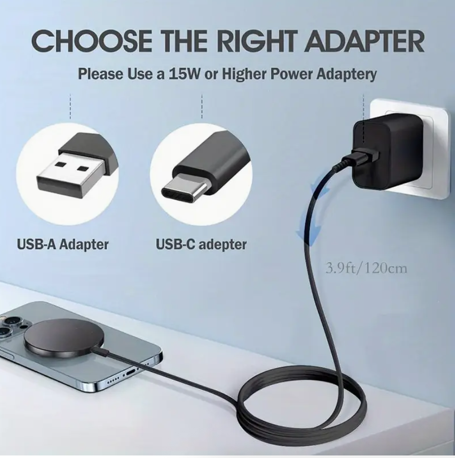 Magnetic wireless charging adapter with cable and USB-A/USB-C connector options