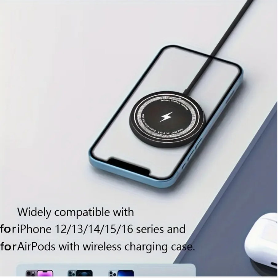 Magnetic wireless charging pad on a smartphone with black circular coil and case