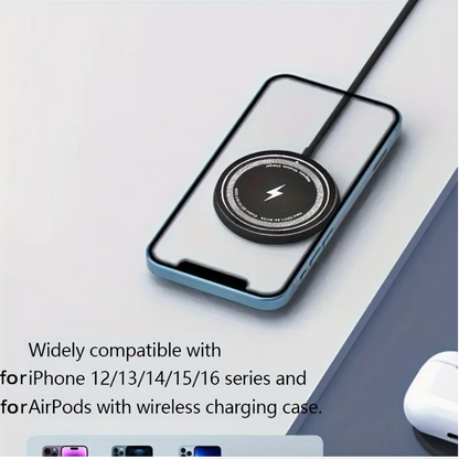 Magnetic wireless charging pad on a smartphone with black circular coil and case