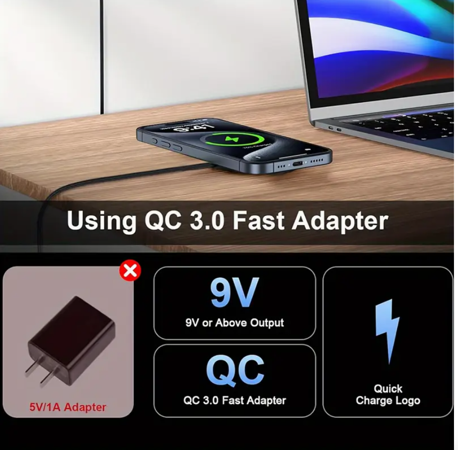 Magnetic wireless charging pad on phone with green status light and black cable
