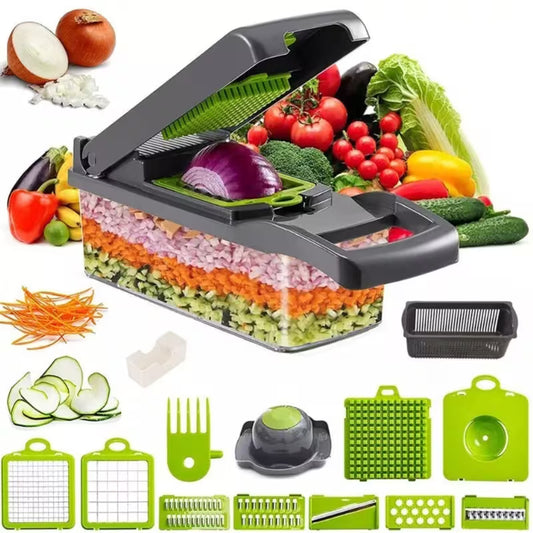Multifunctional vegetable and salad chopper unit with green blade inserts and food tray.