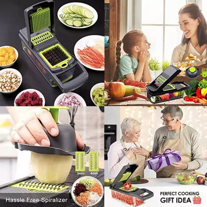 Multifunctional vegetable and salad chopper with multiple green grating attachments and tray.